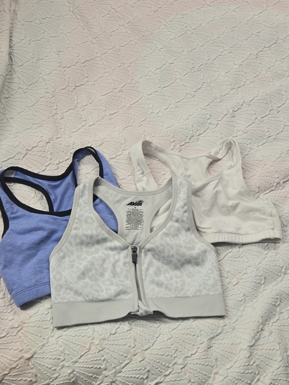 3 Sports Bras Avia Light Gray Leopard Front-Zip Sports Bra and 2 Fruit of Loom